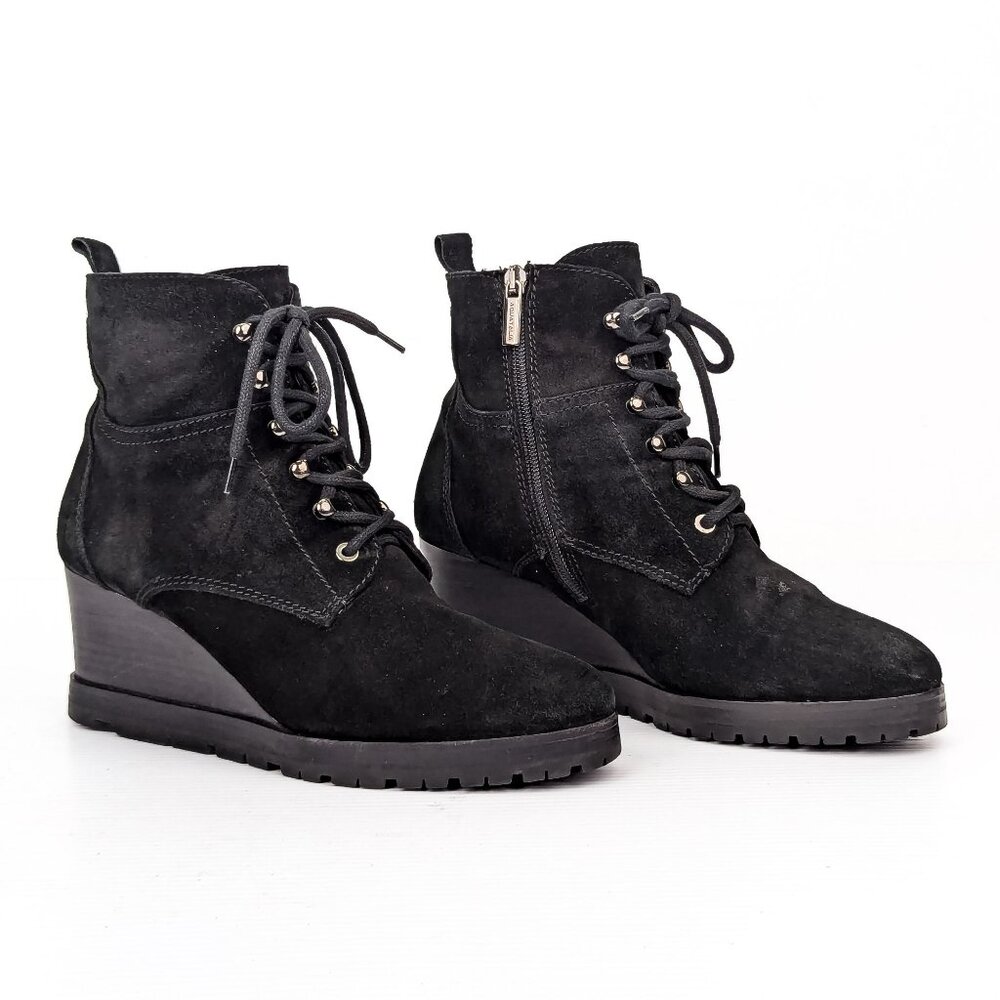 Aquatalia Women Black Suede Lace-up Zip Wedge Ankle Boots sz 9
